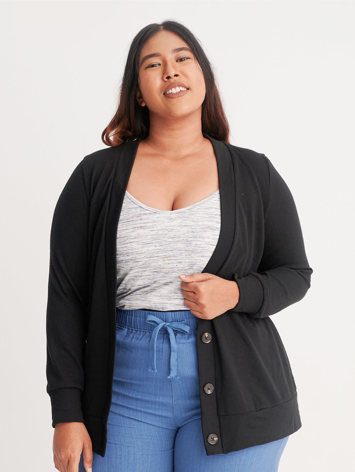Black Ribbed Button Up Dropped Shoulder Cardigan