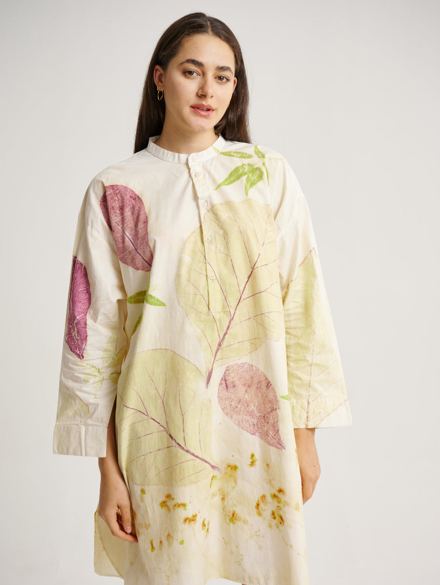 Eco Print Jati and Lemuni Plant Base Scattered Pattern Long Sleeve Dress