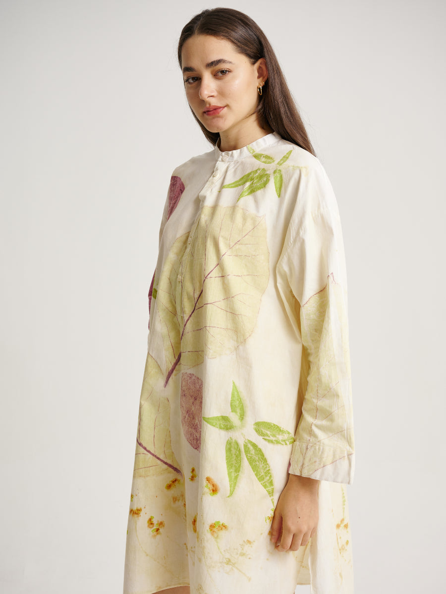 Eco Print Jati and Lemuni Plant Base Scattered Pattern Long Sleeve Dress