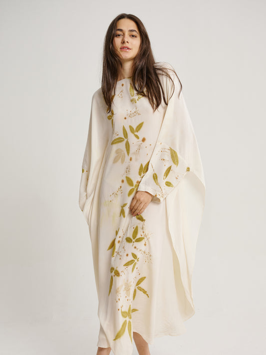 Eco Print Lemuni Plant Base Back Scattered Pattern Long Sleeve Kaftan Dress