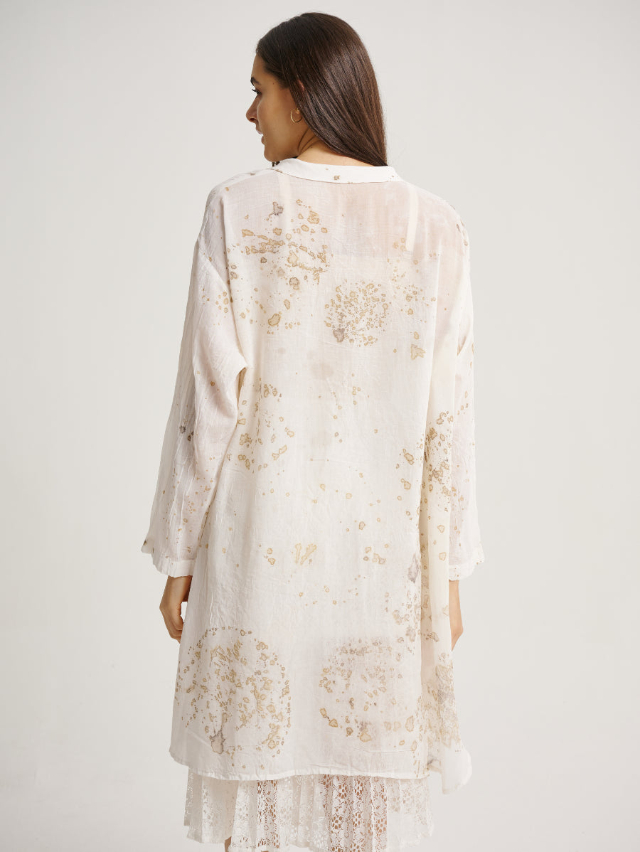 White Dress Eco Print Mahang Plant Base Scattered Pattern Eco Print Collar Long Sleeves