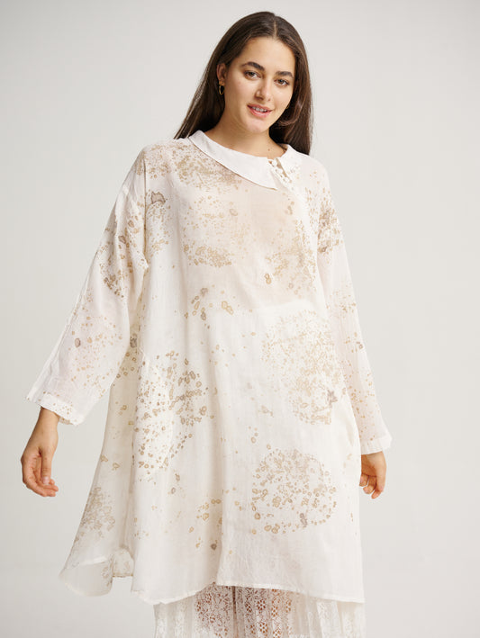 White Dress Eco Print Mahang Plant Base Scattered Pattern Eco Print Collar Long Sleeves