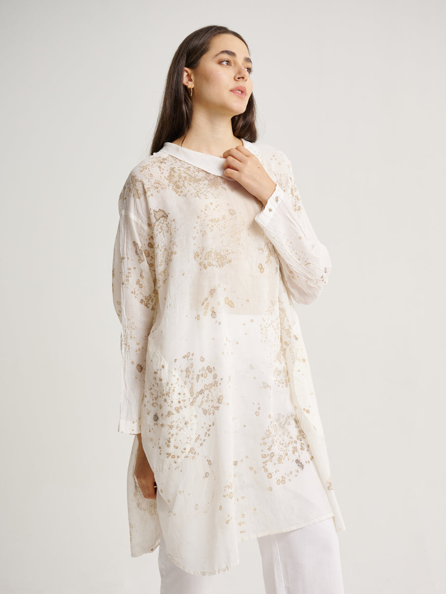 White Dress Eco Print Mahang Plant Base Scattered Pattern Eco Print Collar Long Sleeves