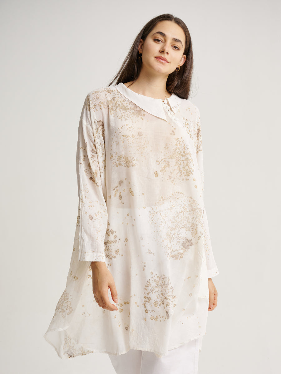 White Dress Eco Print Mahang Plant Base Scattered Pattern Eco Print Collar Long Sleeves