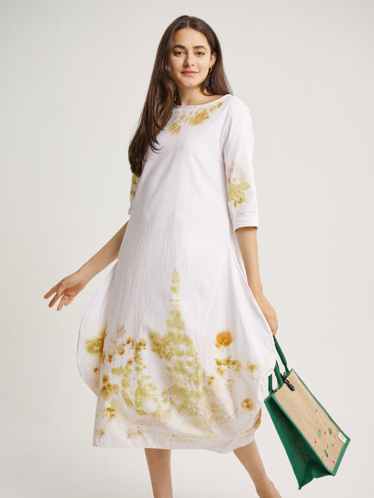 Eco Print Lemuni and Cosmos Plant Base Scattered Pattern 3/4 Sleeves White Dress