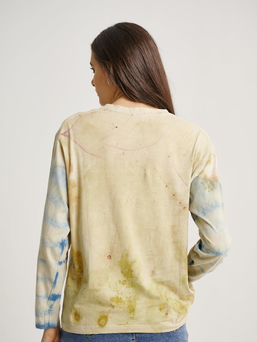 Natural Dye Jati Plant Scatterd and Stripe Pattern Eco Print Long Sleeve T-shirt