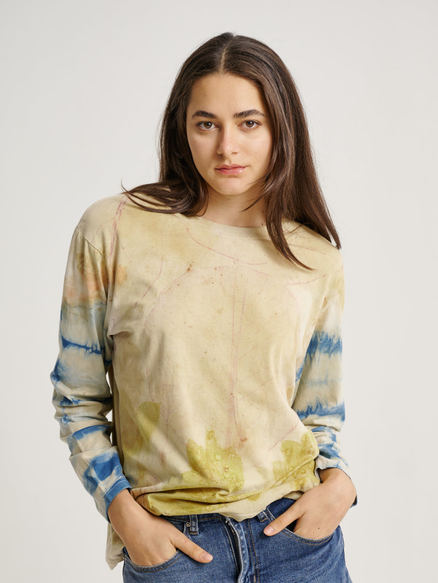 Natural Dye Jati Plant Scatterd and Stripe Pattern Eco Print Long Sleeve T-shirt