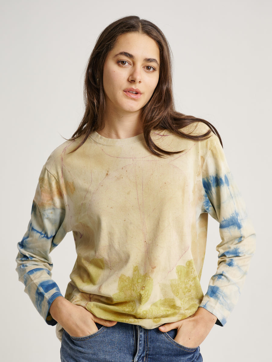 Natural Dye Jati Plant Scatterd and Stripe Pattern Eco Print Long Sleeve T-shirt