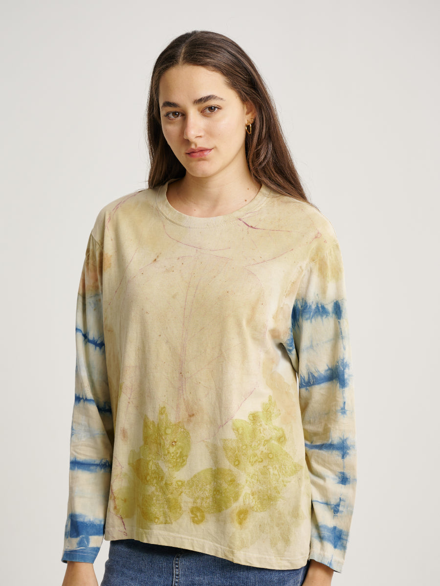 Natural Dye Jati Plant Scatterd and Stripe Pattern Eco Print Long Sleeve T-shirt