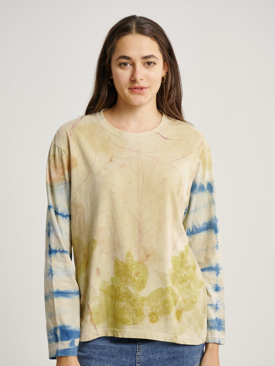 Natural Dye Jati Plant Scatterd and Stripe Pattern Eco Print Long Sleeve T-shirt