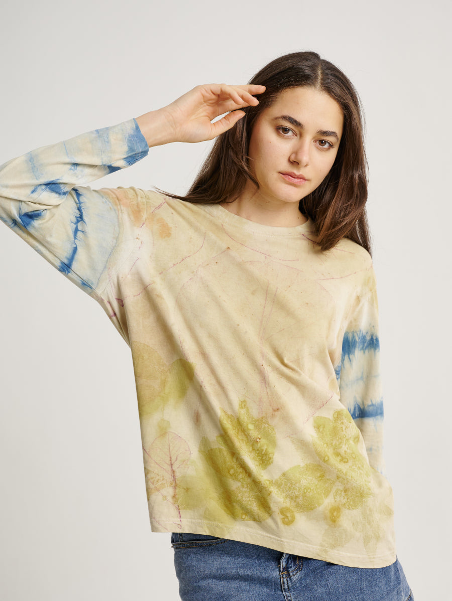 Natural Dye Jati Plant Scatterd and Stripe Pattern Eco Print Long Sleeve T-shirt