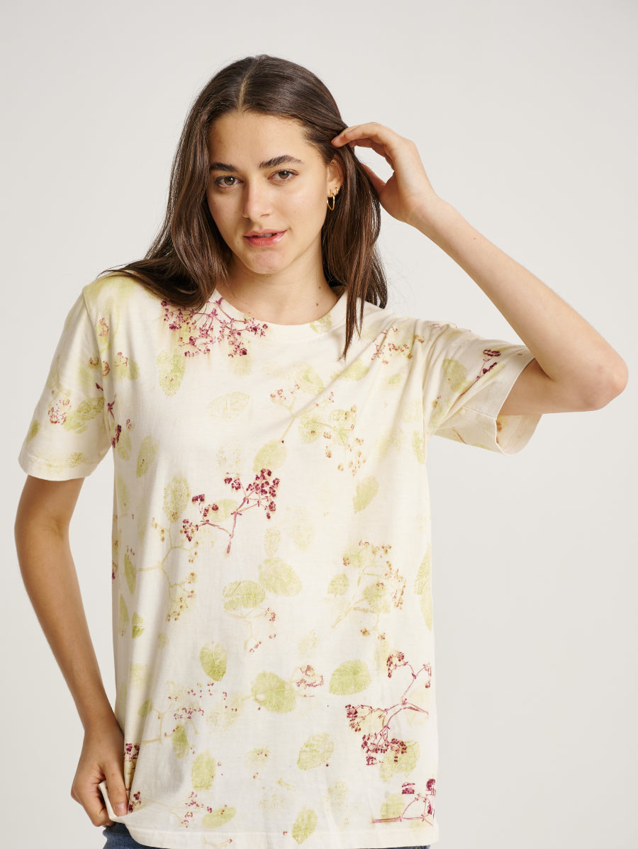 Jati Flower Plant Scattered Pattern Eco Print Short Sleeves T-shirt