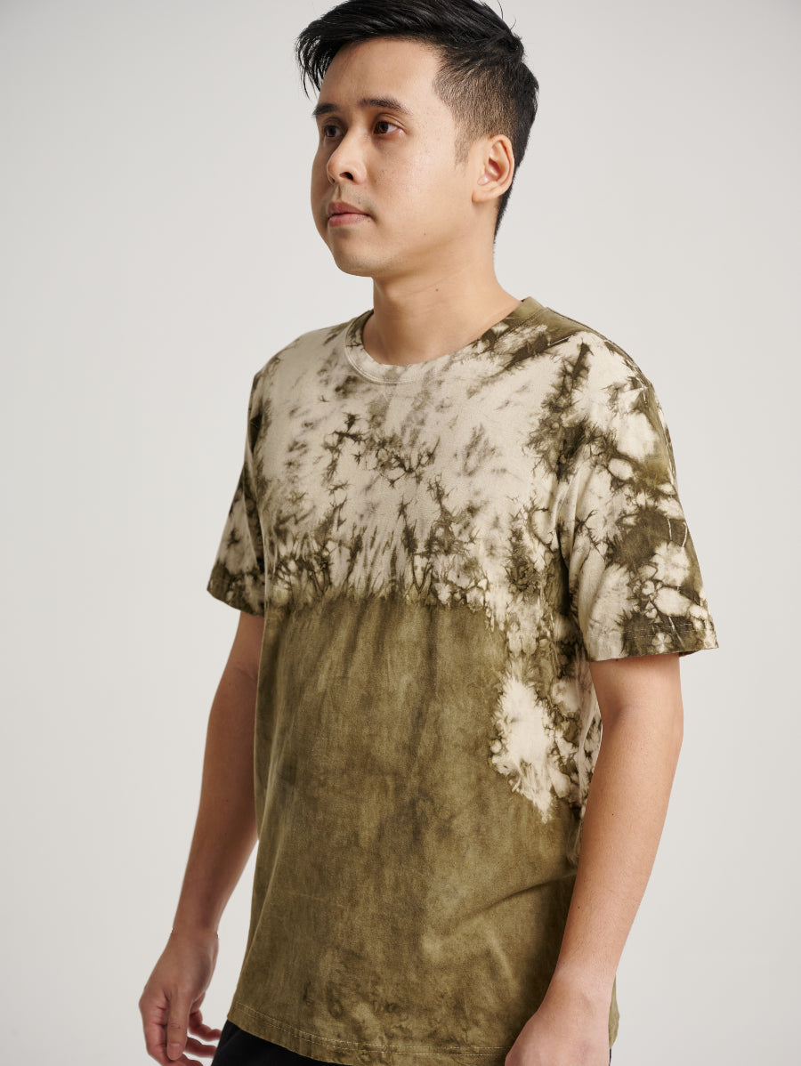 Green Tie Dye Ketapang Plant Ice Crack Dual Tone Short Sleeve T-shirt