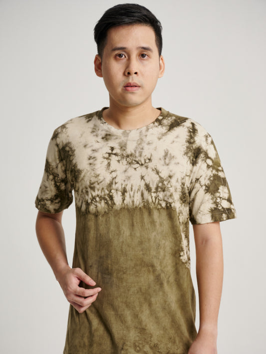 Green Tie Dye Ketapang Plant Ice Crack Dual Tone Short Sleeve T-shirt