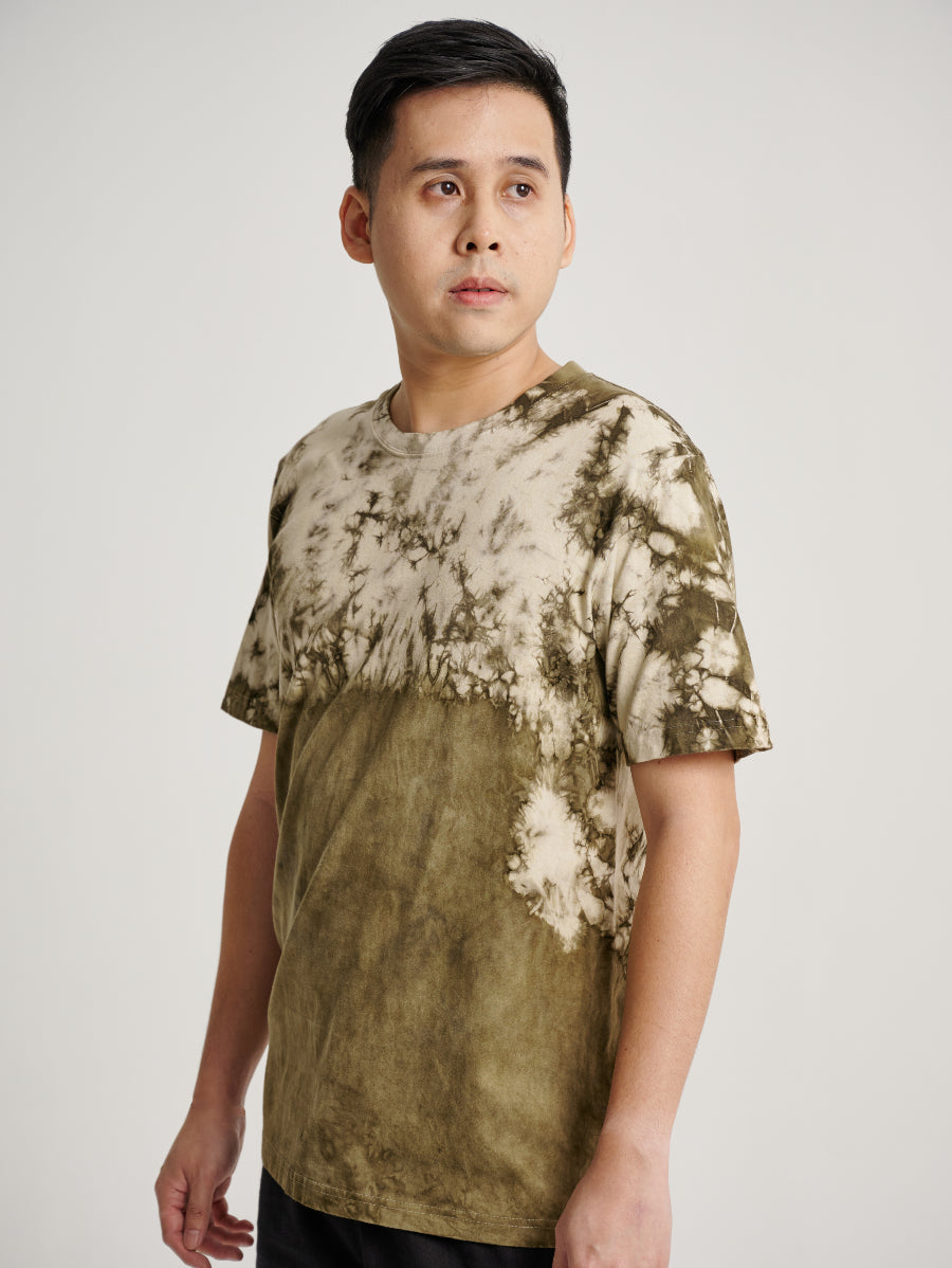 Green Tie Dye Ketapang Plant Ice Crack Dual Tone Short Sleeve T-shirt