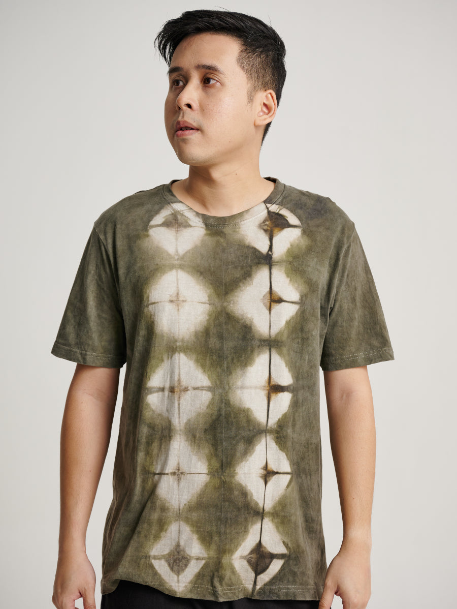 Green Tie Dye Ketapang Plant Double Square Pattern Short Sleeve T-shirt