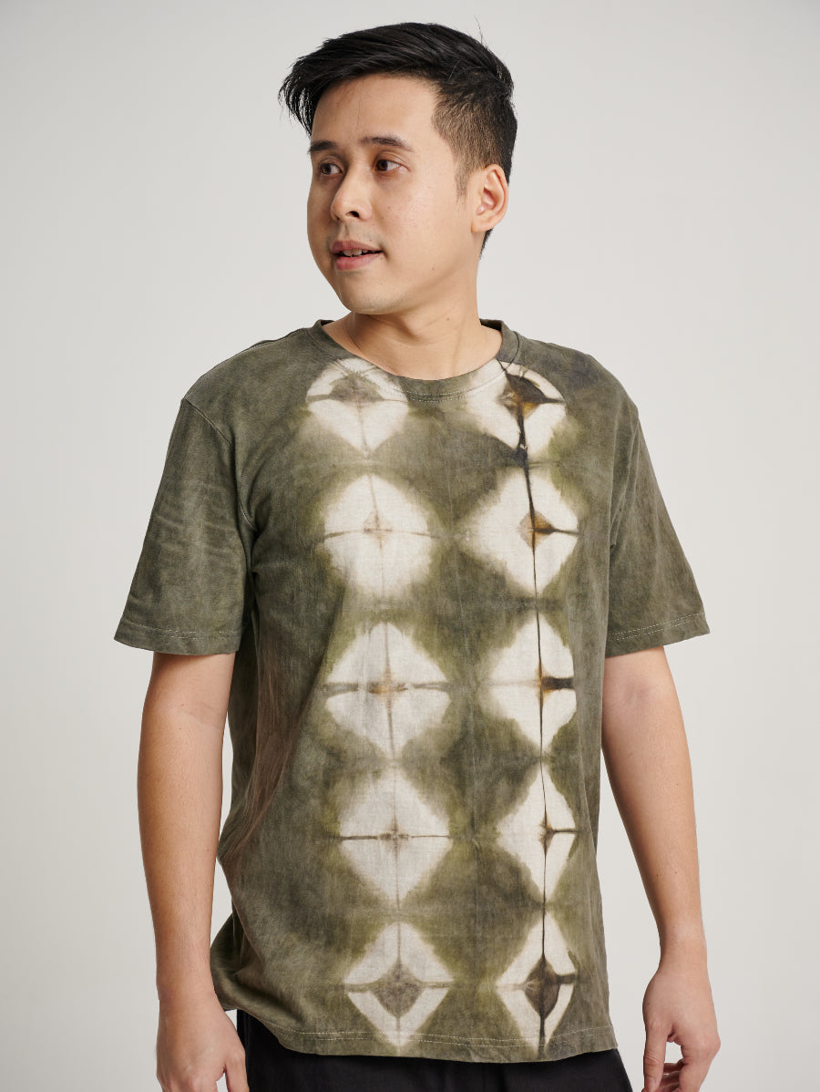 Green Tie Dye Ketapang Plant Double Square Pattern Short Sleeve T-shirt