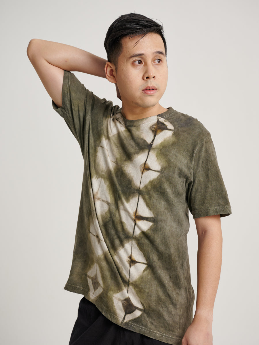 Green Tie Dye Ketapang Plant Double Square Pattern Short Sleeve T-shirt