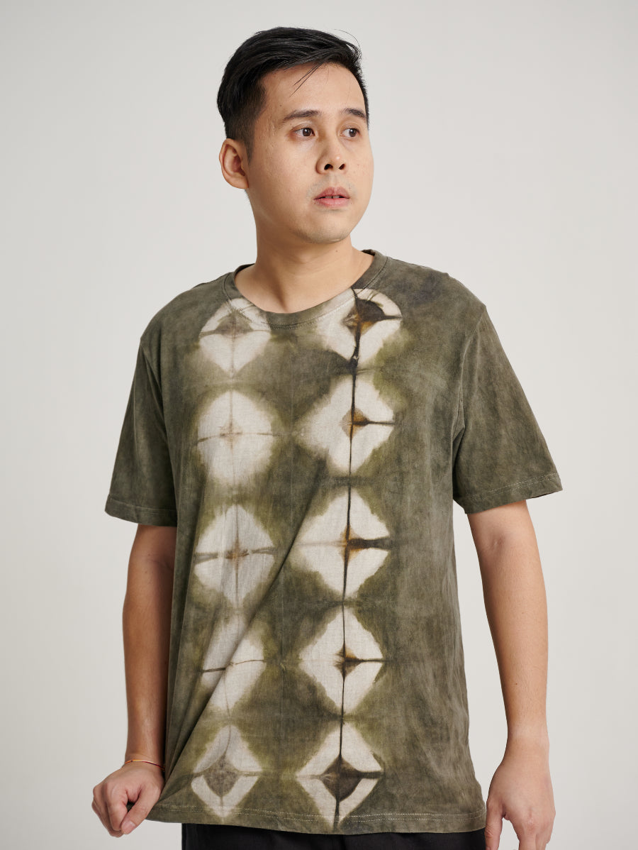 Green Tie Dye Ketapang Plant Double Square Pattern Short Sleeve T-shirt