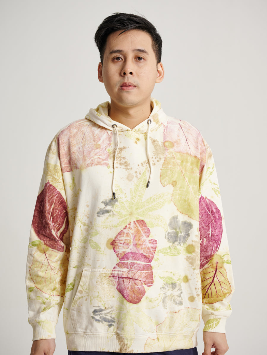 Abstract Jati and Jarak Plant Scattered Pattern Eco Print Men Hoodie