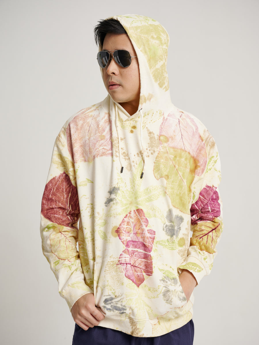 Abstract Jati and Jarak Plant Scattered Pattern Eco Print Men Hoodie