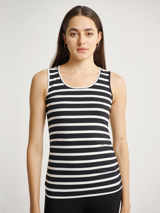 Side Ruched Sleeveless Black/White Strips Singlet