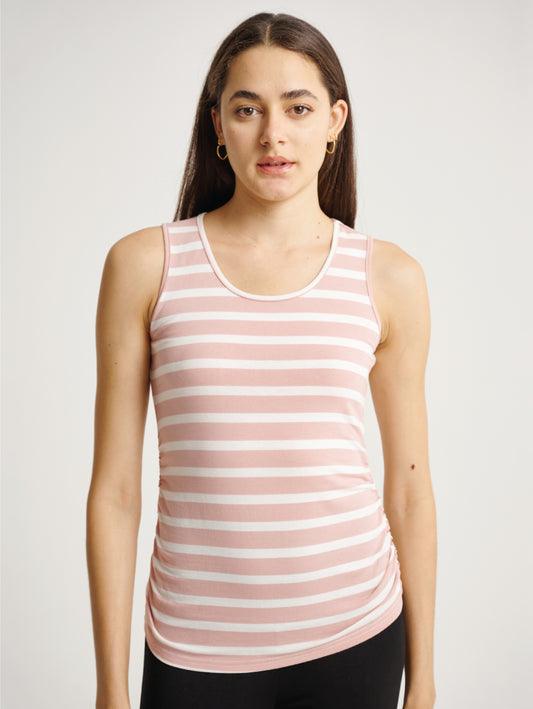 Side Ruched Sleeveless Dusty Pink/White Strips Singlet