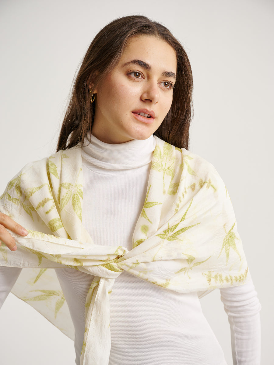 Pastel White Lemuni Green Motif Eco Print Silk Scarf