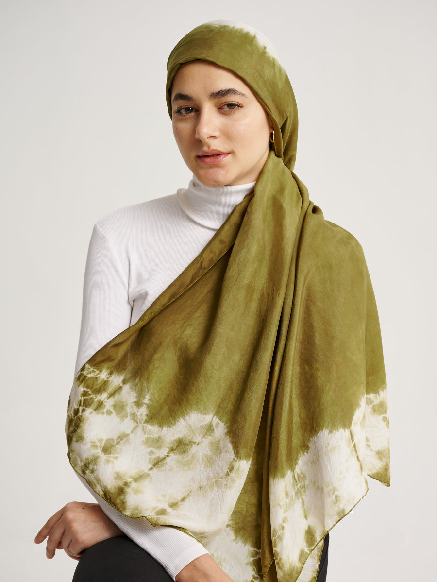 Army Green Ketapang Motif Natural Dye Print Silk Scarf