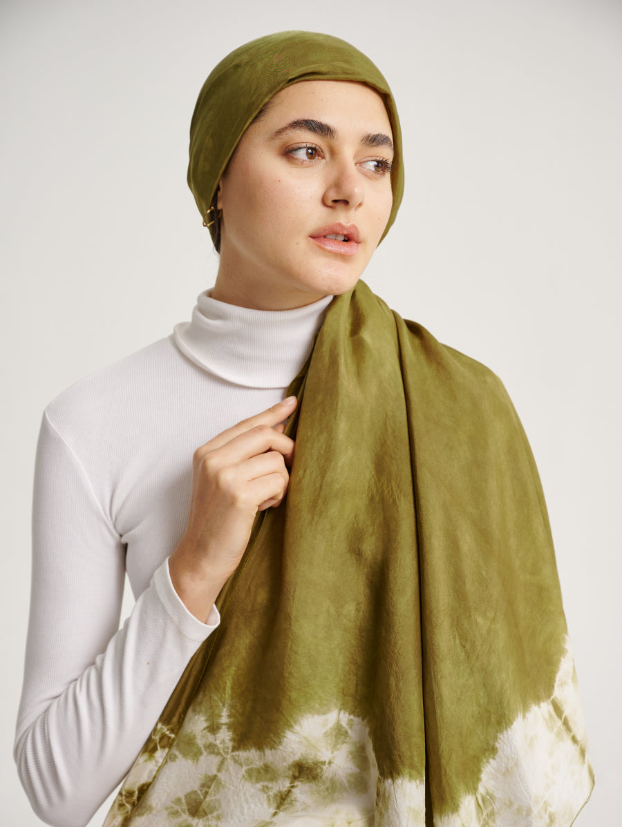 Army Green Ketapang Motif Natural Dye Print Silk Scarf