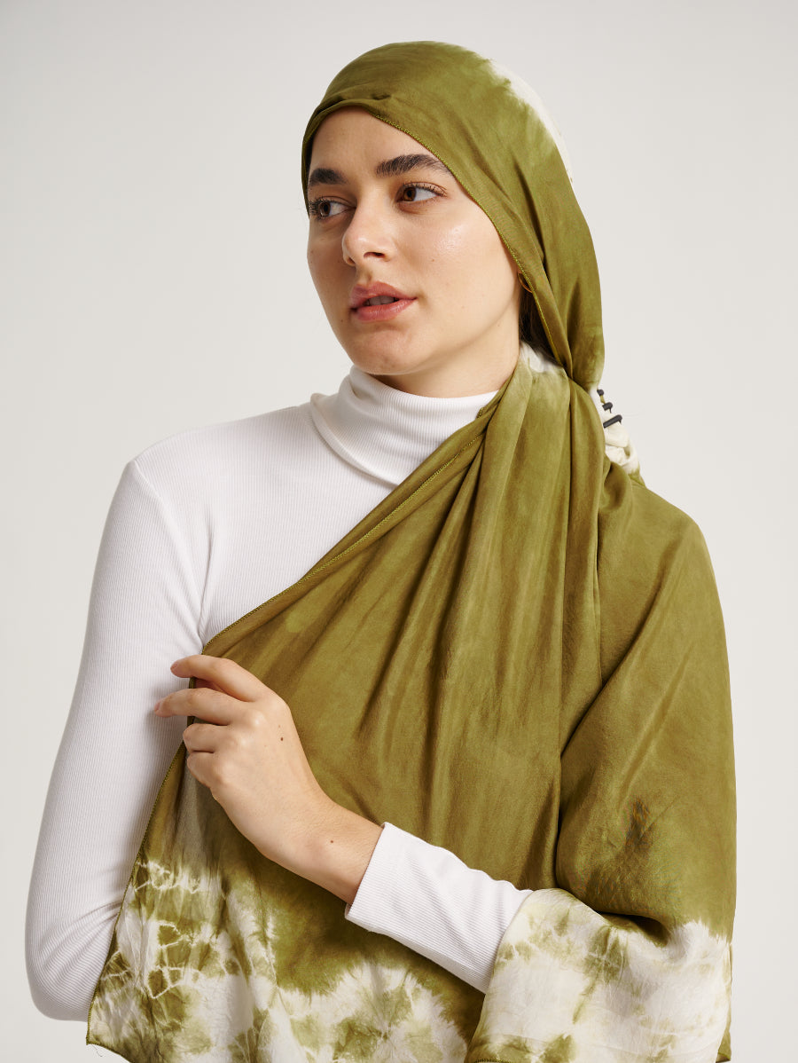 Army Green Ketapang Motif Natural Dye Print Silk Scarf