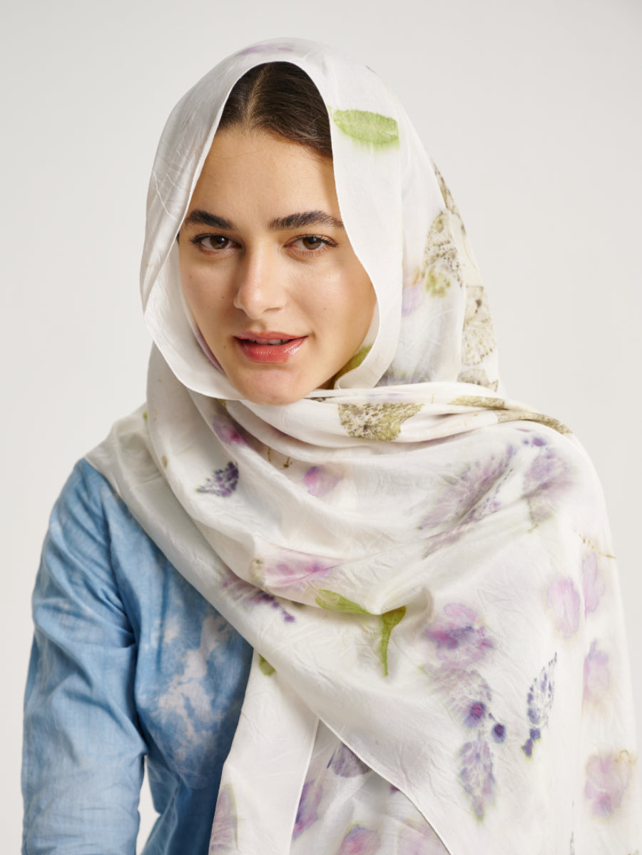 Pastel White Bagonia (Leaf) Motif Eco Print Silk Scarf