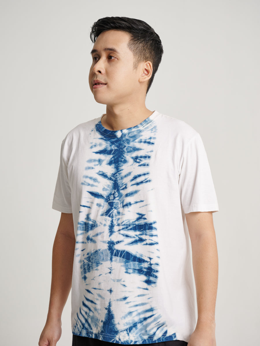 Blue Tie Dye Indigo Plant Middle Square Pattern Men Short Sleeve T-shirt