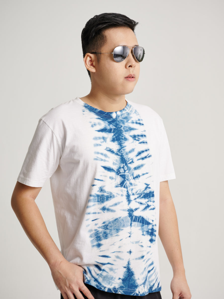 Blue Tie Dye Indigo Plant Middle Square Pattern Men Short Sleeve T-shirt