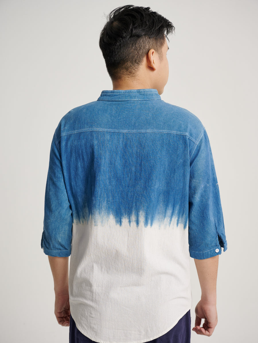 Blue Tie Dye Indigo Plant Square Half Pattern Men Short Sleeve Shirt