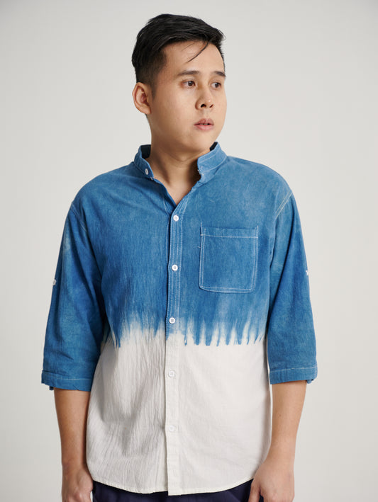 Blue Tie Dye Indigo Plant Square Half Pattern Men Short Sleeve Shirt