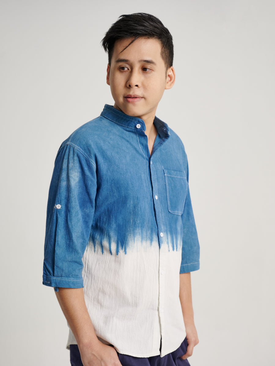 Blue Tie Dye Indigo Plant Square Half Pattern Men Short Sleeve Shirt