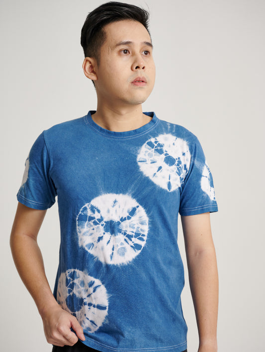 Blue Tie Dye Indigo Plant Web Pattern Men Short Sleeve T-shirt