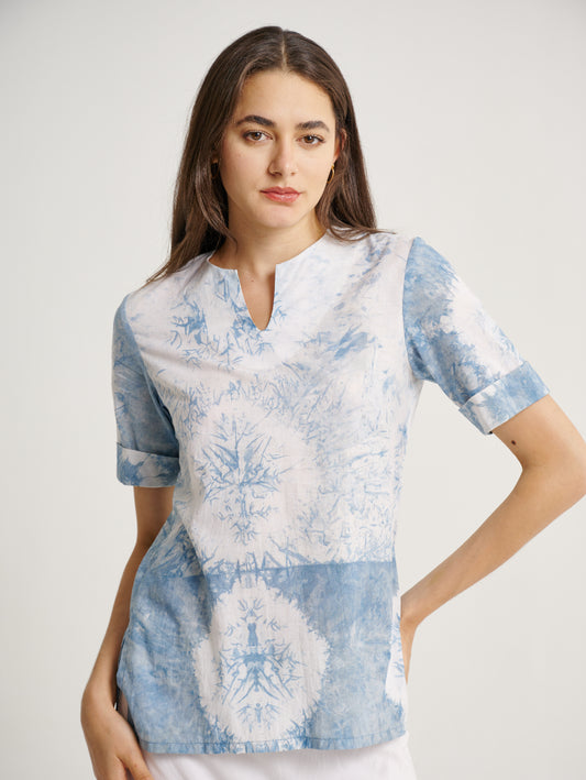 Blue Tie Dye Indigo Plant Big Diamond Pattern Short Sleeves Blouse