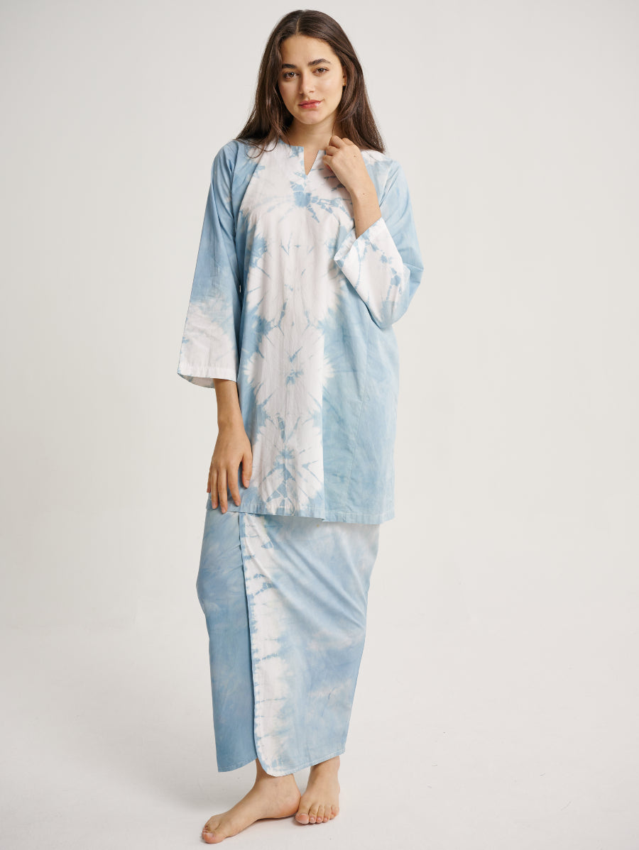 Pastel Blue Baju Kurung Tie Dye Indigo Plant Diamond Pattern