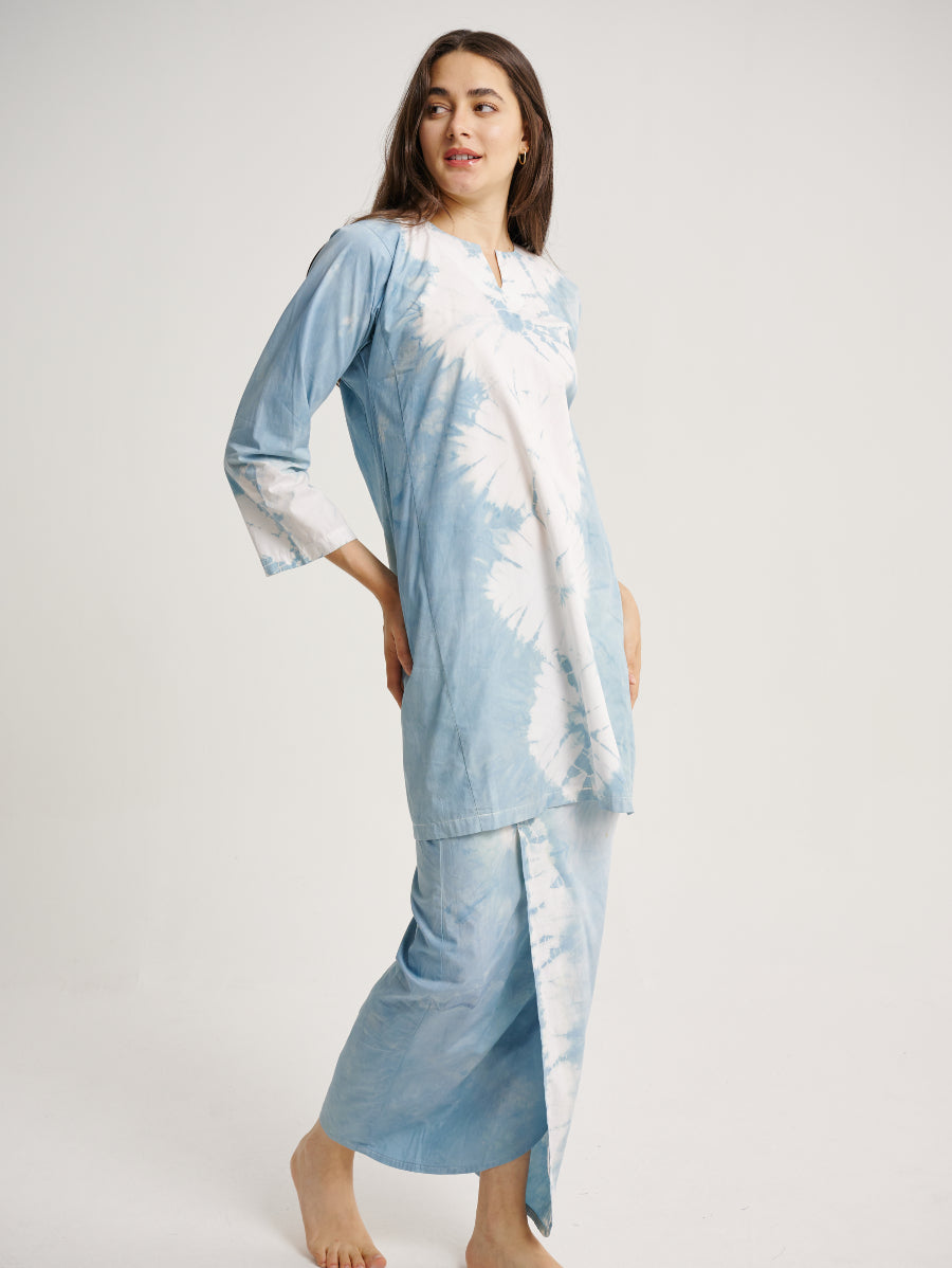 Pastel Blue Baju Kurung Tie Dye Indigo Plant Diamond Pattern