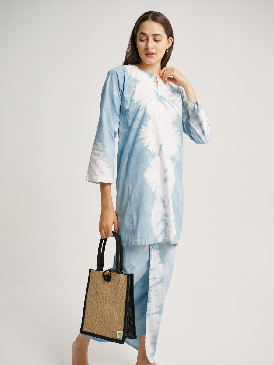 Pastel Blue Baju Kurung Tie Dye Indigo Plant Diamond Pattern