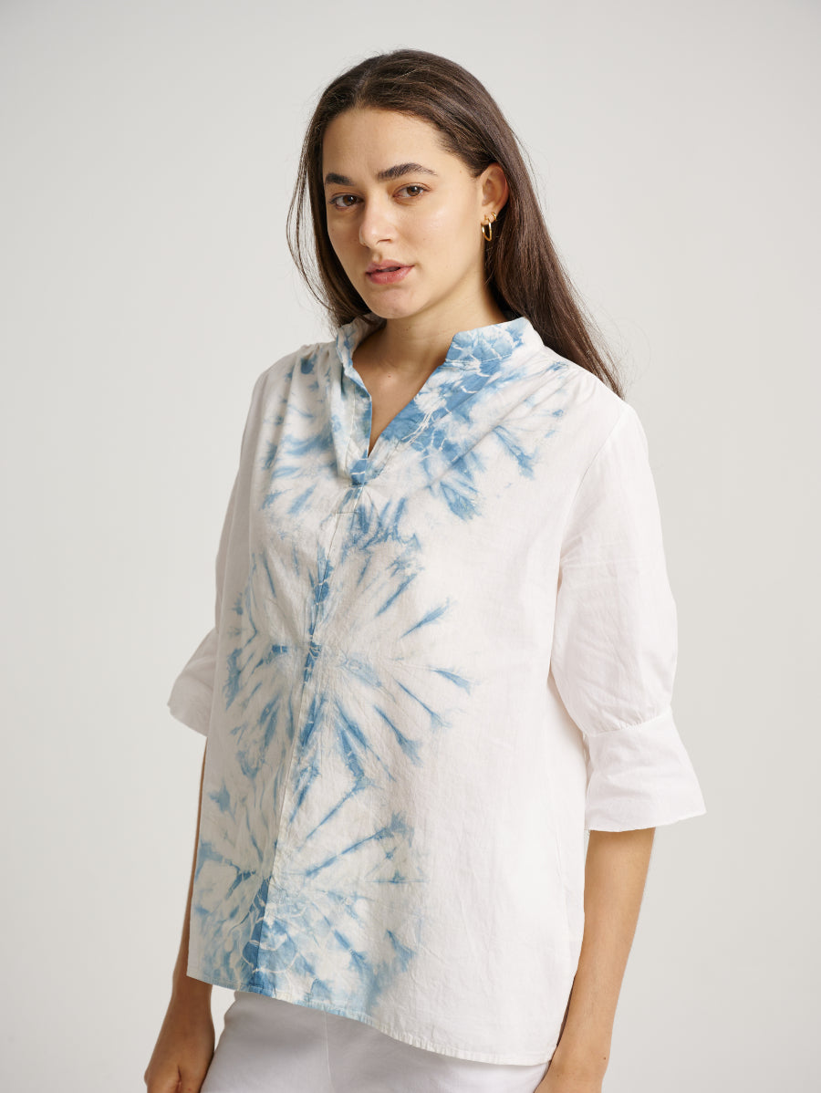 White Blouse Blue Tie Dye Indigo Plant Diamond Pattern V-Neck Collar 3/4 Sleeves