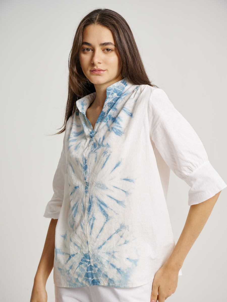 White Blouse Blue Tie Dye Indigo Plant Diamond Pattern V-Neck Collar 3/4 Sleeves