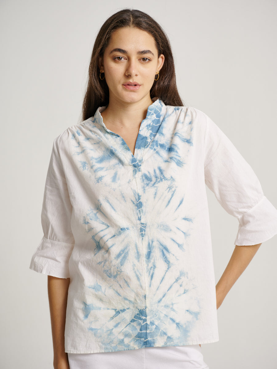 White Blouse Blue Tie Dye Indigo Plant Diamond Pattern V-Neck Collar 3/4 Sleeves