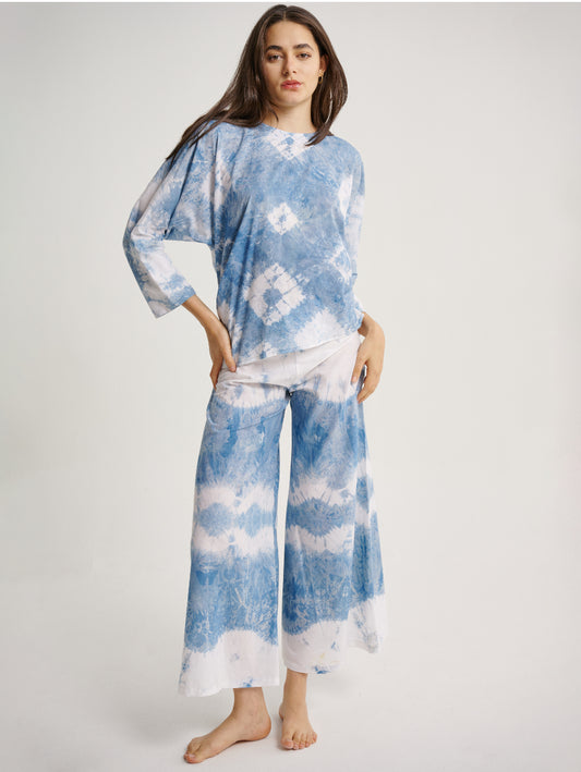 Blue Tie Dye Blouse Set Indigo Plant Diamond Pattern