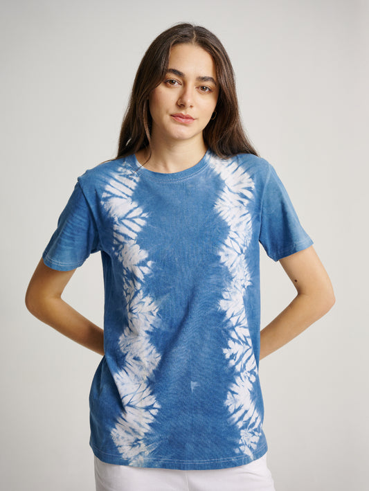 Blue Tie Dye Indigo Plant Half Diamond Pattern Short Sleeves T-shirt