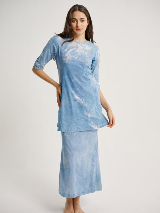 Blue Tie Dye Dress Indigo Plant Ice Crack Pattern Round Neck 3/4 Sleeve