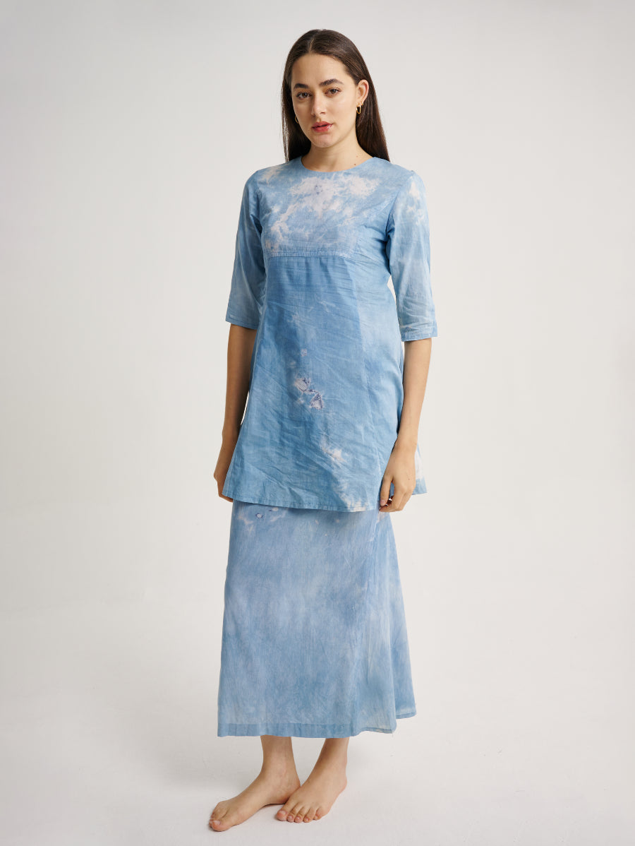 Blue Tie Dye Dress Indigo Plant Ice Crack Pattern Round Neck 3/4 Sleeve