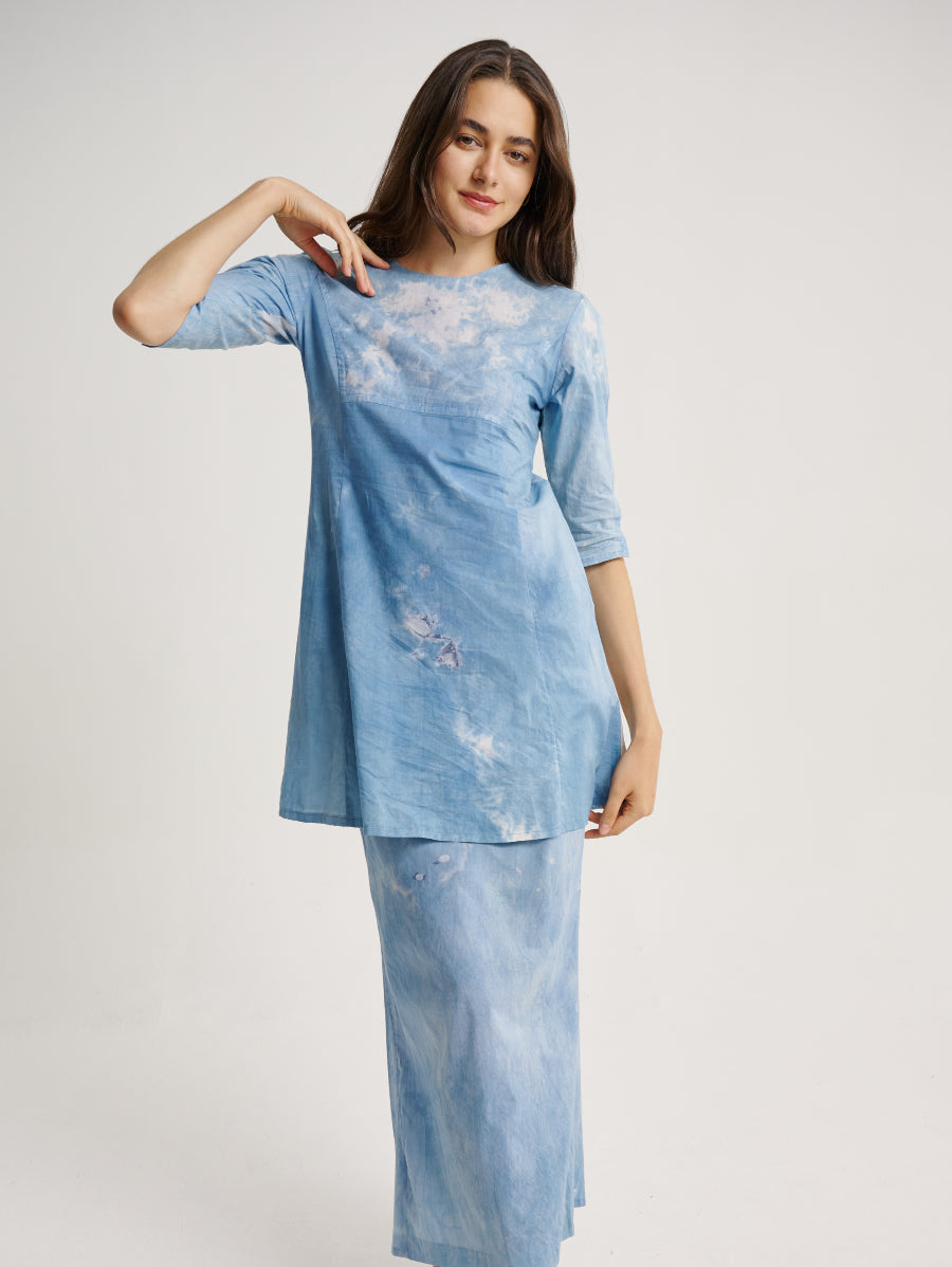 Blue Tie Dye Dress Indigo Plant Ice Crack Pattern Round Neck 3/4 Sleeve